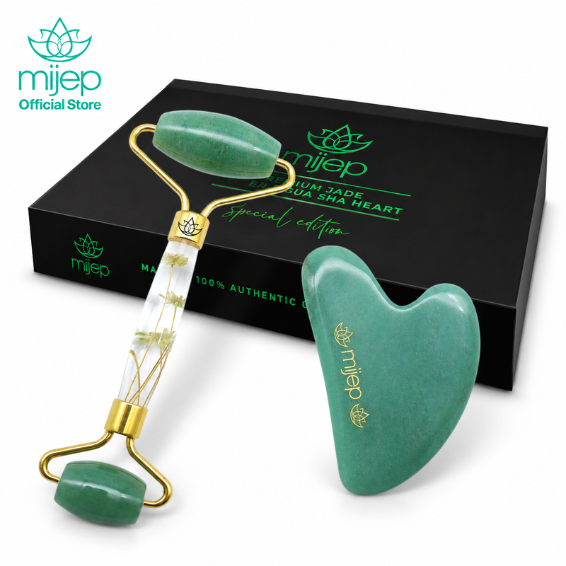 Jade Set Special Edition - Premium Jade Face Roller & Gua Sha Heart - MIJEP
