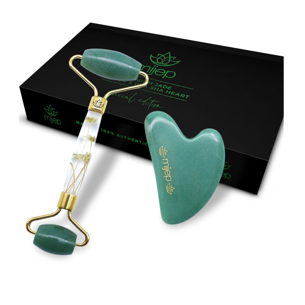 Jade Set Special Edition - Premium Jade Face Roller & Gua Sha Heart - MIJEP